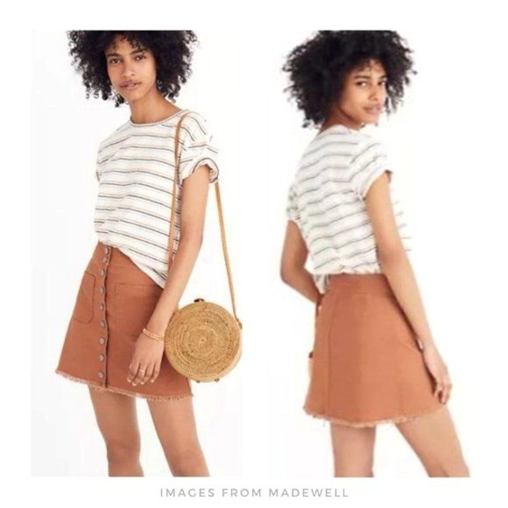 Madewell Brunt Sienna Brown High-Waist Snap Button Mini Skirt Edge Hem Size 0